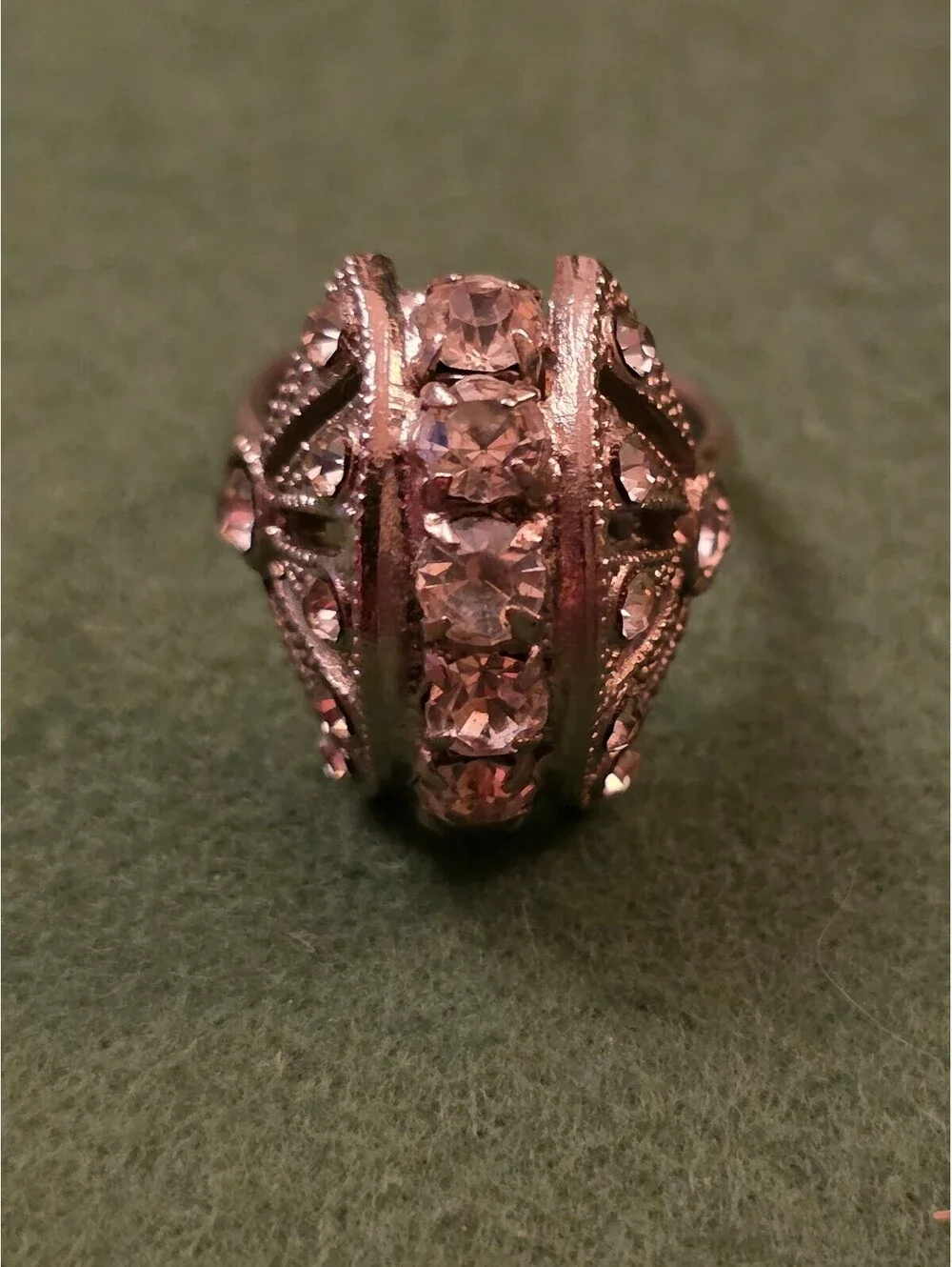 Silver Tone Rhinestone Dome Art Deco Fan Cocktail Ring Adjustable